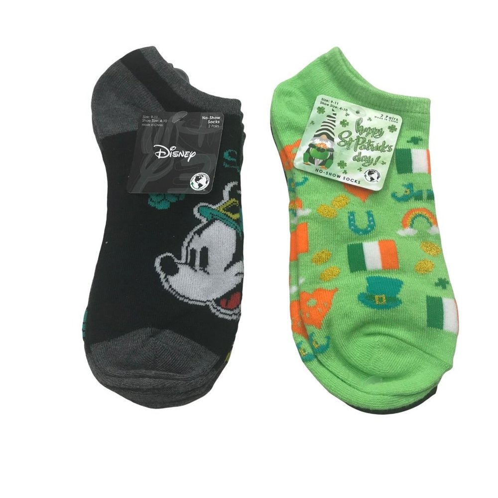 Lot of 4 St Patrick's Day Women's Shoe Size 4-10 No Show Socks Mickey/Shamrock